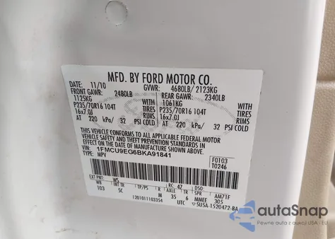 2011 Ford Escape Limited z USA, uszkodzony, nr VIN 1FMCU9EG6BKA91841